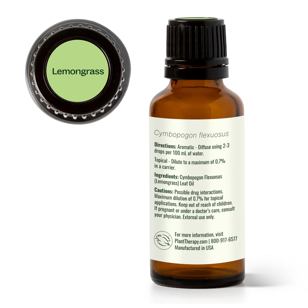 Plant Therapy lemongrass oil with dropper highlights safe, convenient home use for diffusing and topical blends.