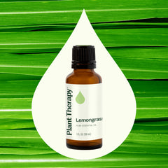 Plant Therapy Lemongrass oil dropper closeup suggests precise blending for skin and massage blends.