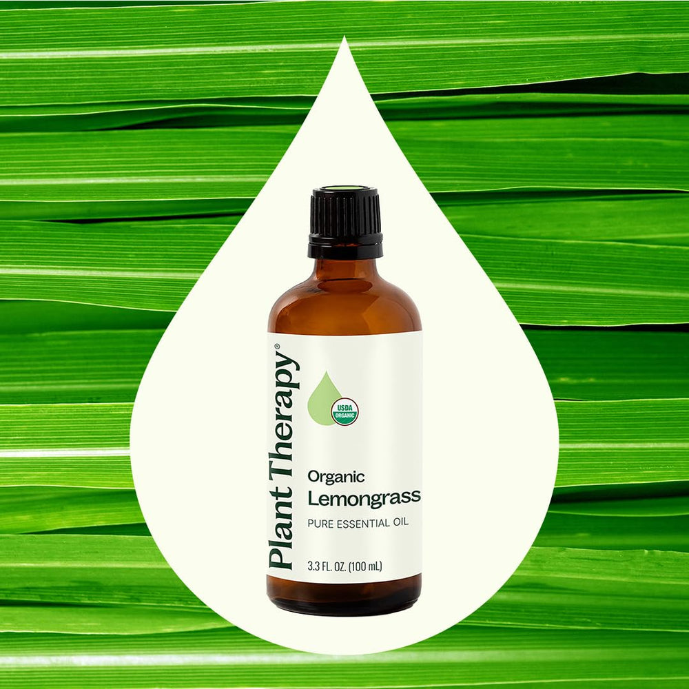 Plant Therapy Lemongrass oil label shows USDA Organic certification.