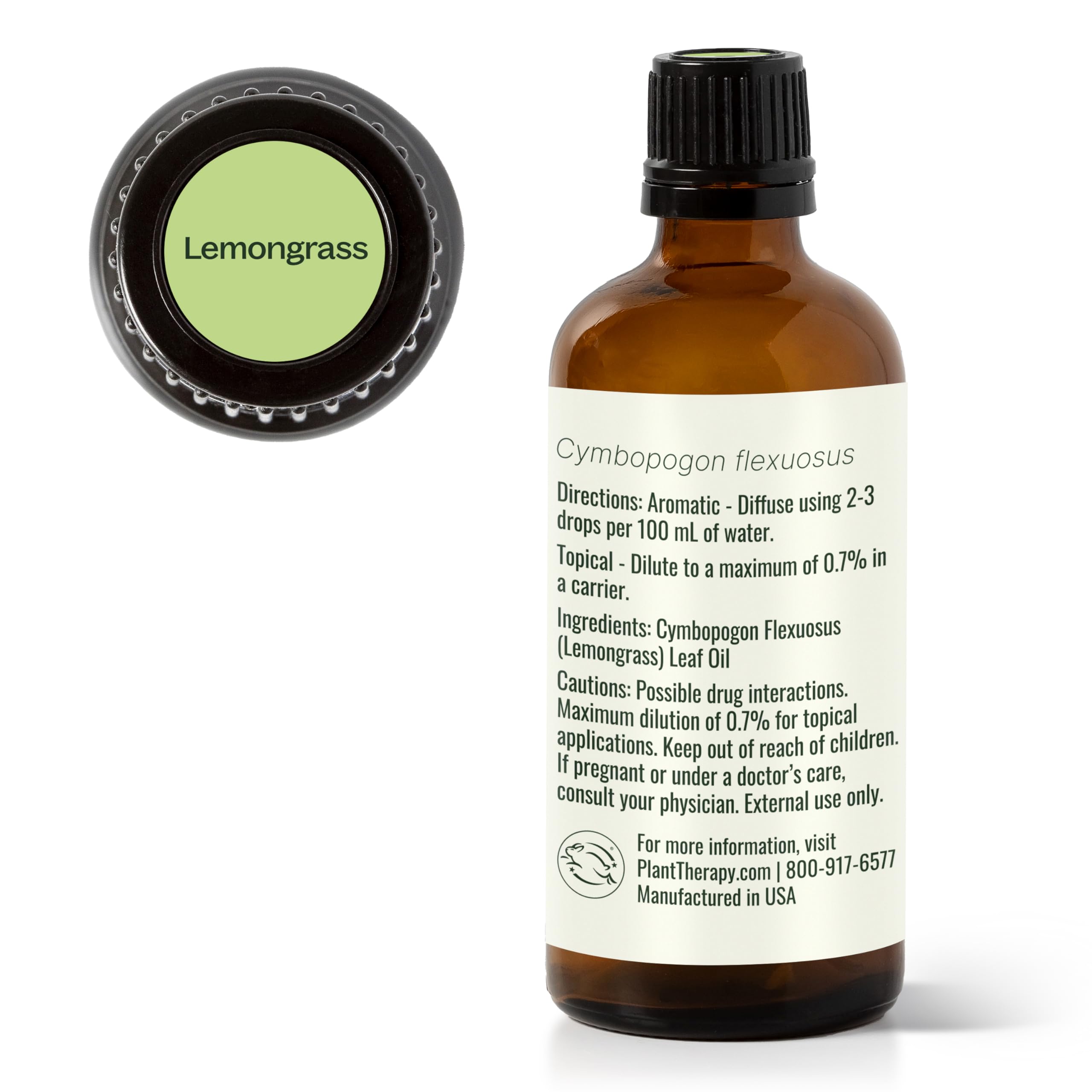 Plant Therapy lemongrass oil packaging and information card for care.