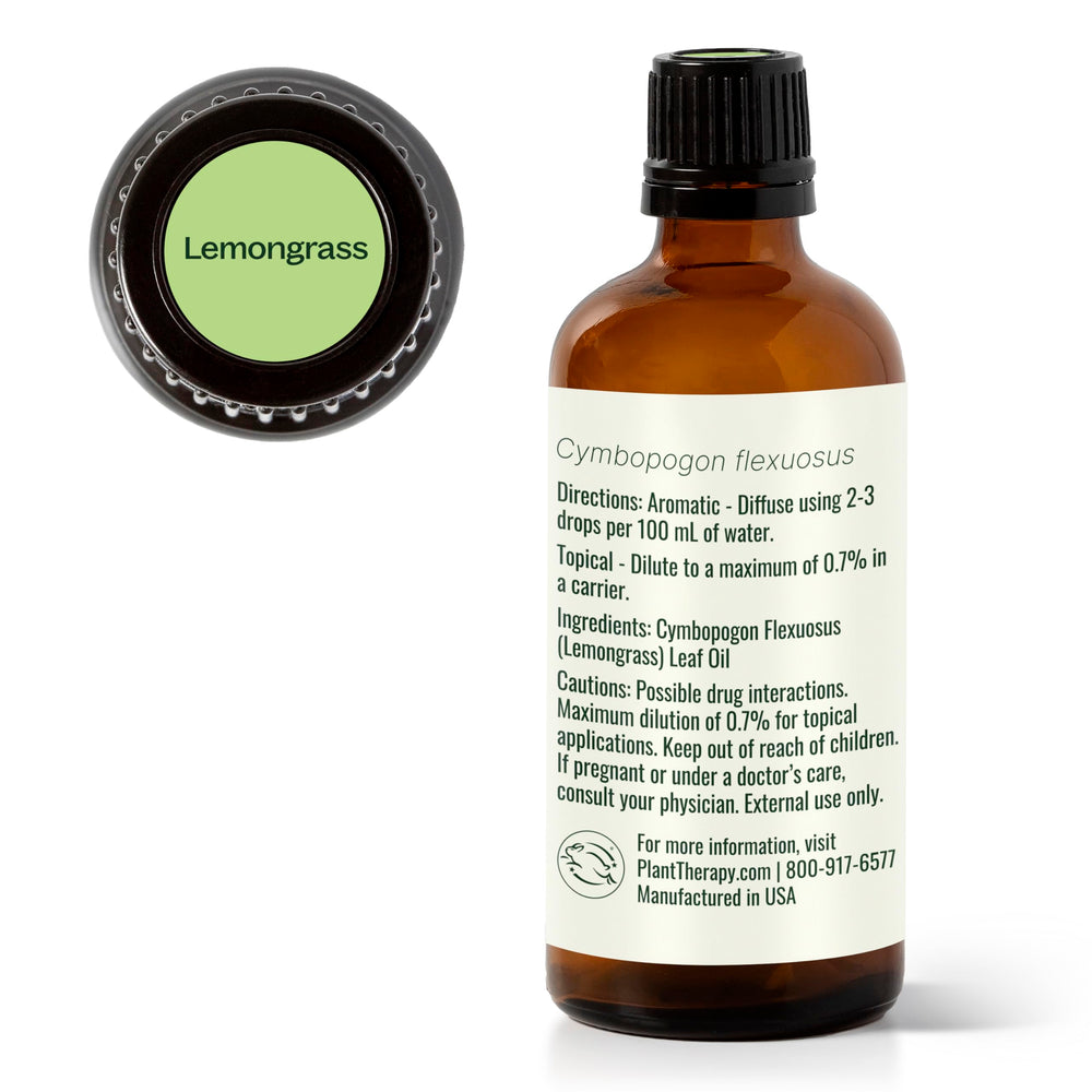 Plant Therapy lemongrass oil packaging and information card for care.