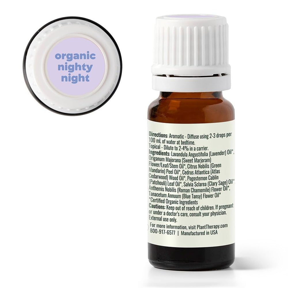 Plant Therapy Nighty Night packaging highlights organic formulation and kid safety