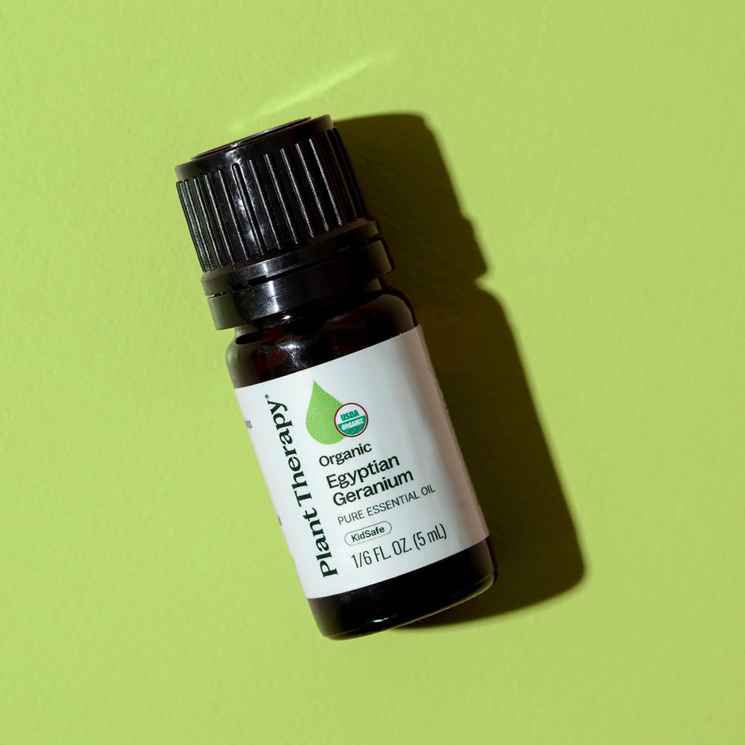 Plant Therapy Organic Geranium oil bottle with label, premium organic essential oil