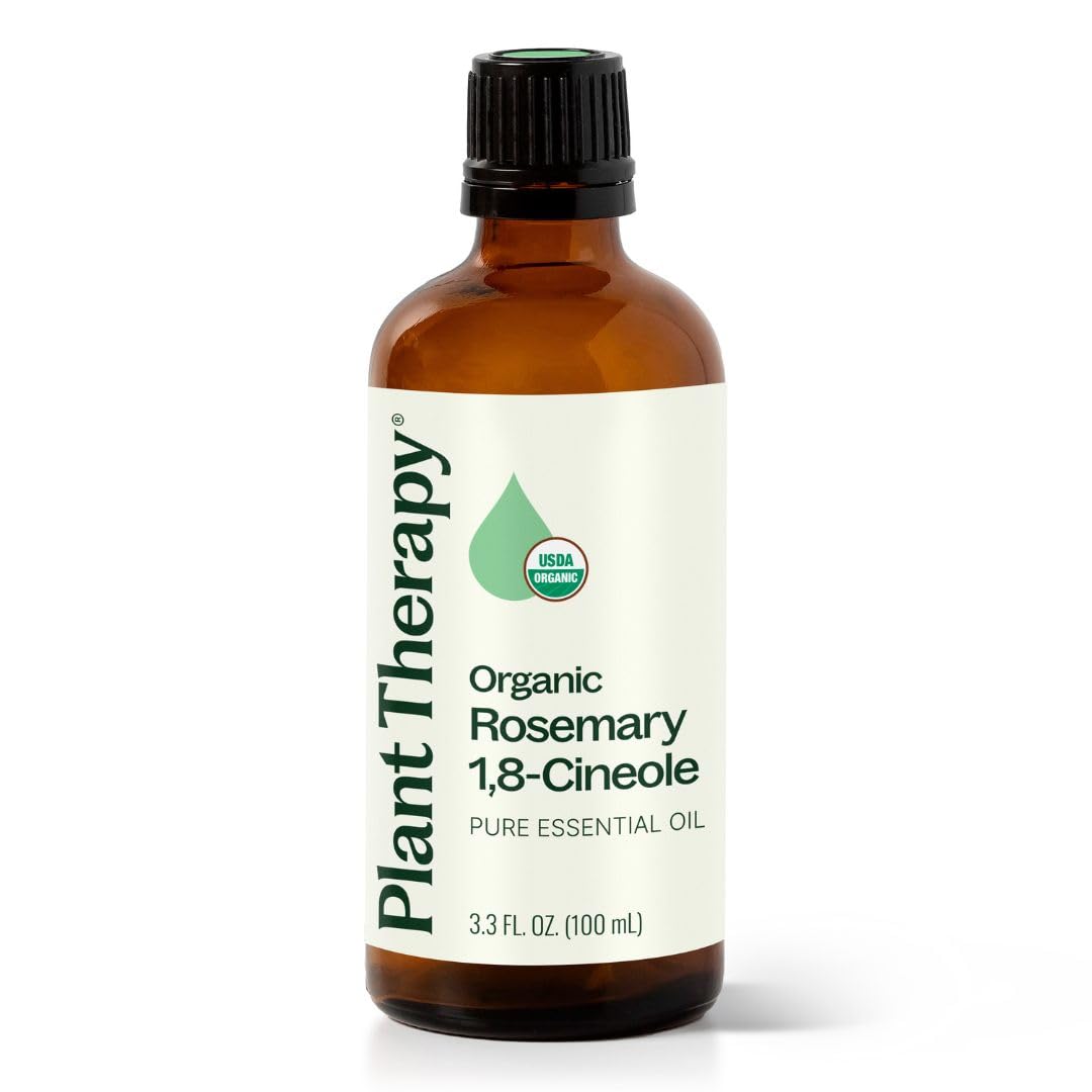 Plant Therapy Organic Rosemary Oil bottle on white background for diffusion and scalp care.