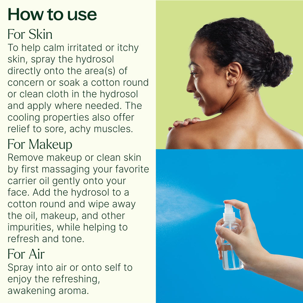 Peppermint Hydrosol spray on skin delivers cooling, invigorating touch