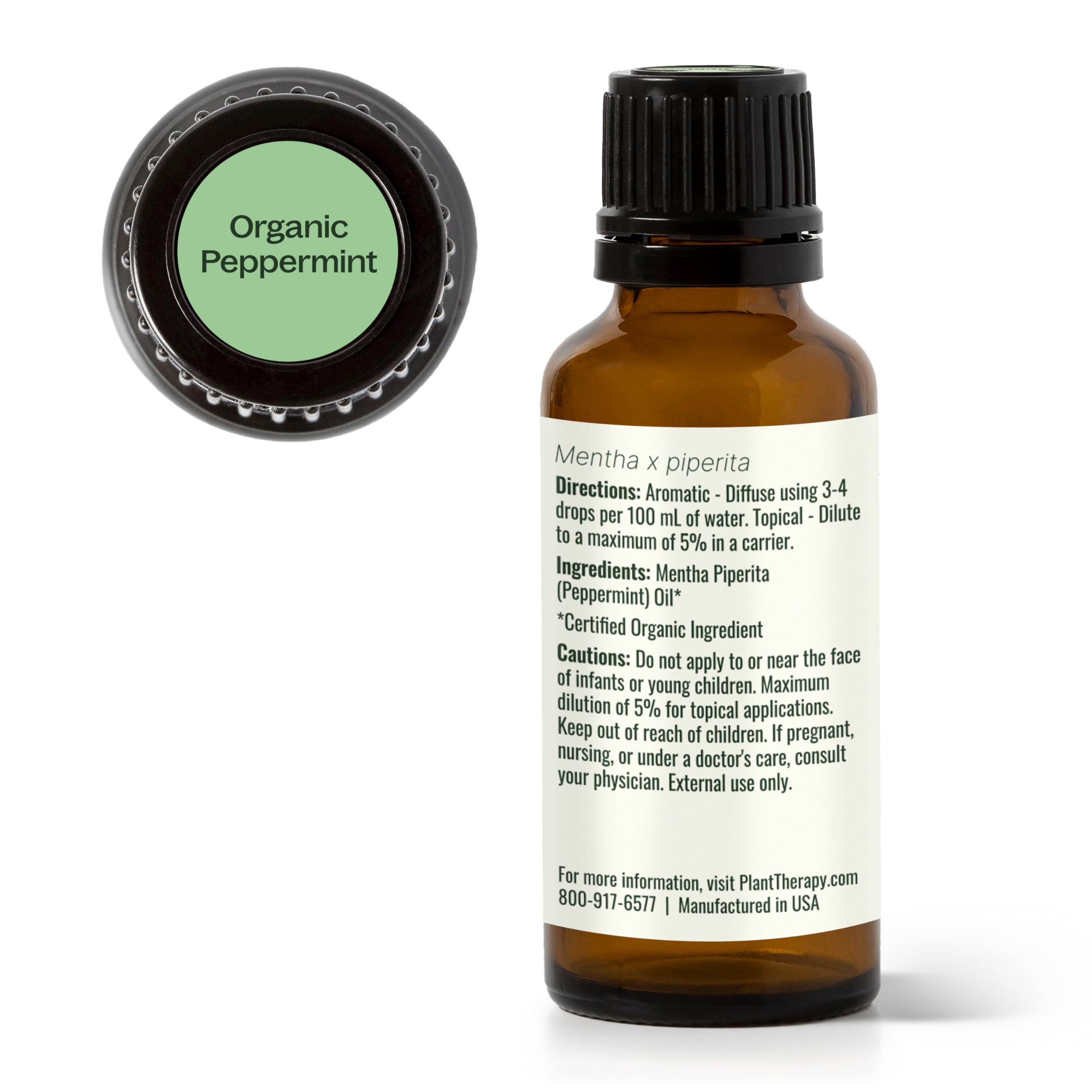 Plant Therapy peppermint oil GC-MS batch report label indicating quality testing.