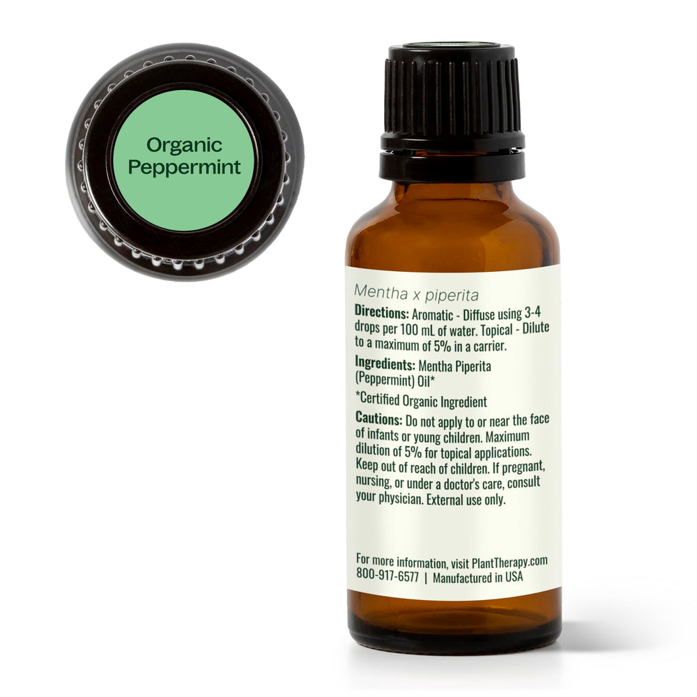 Plant Therapy peppermint oil GC-MS batch report label indicating quality testing.