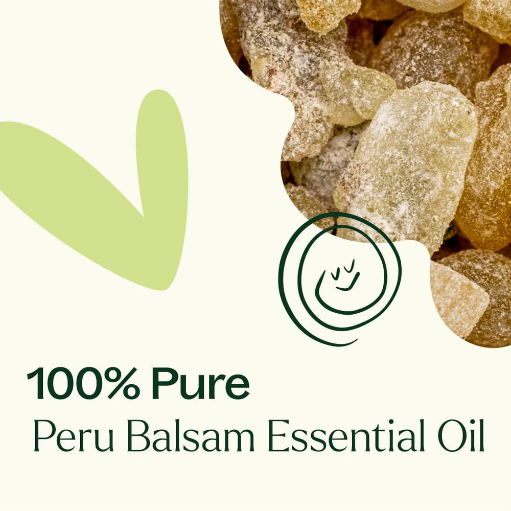 Shampoo and body care products alongside Peru Balsam essential oil bottle.