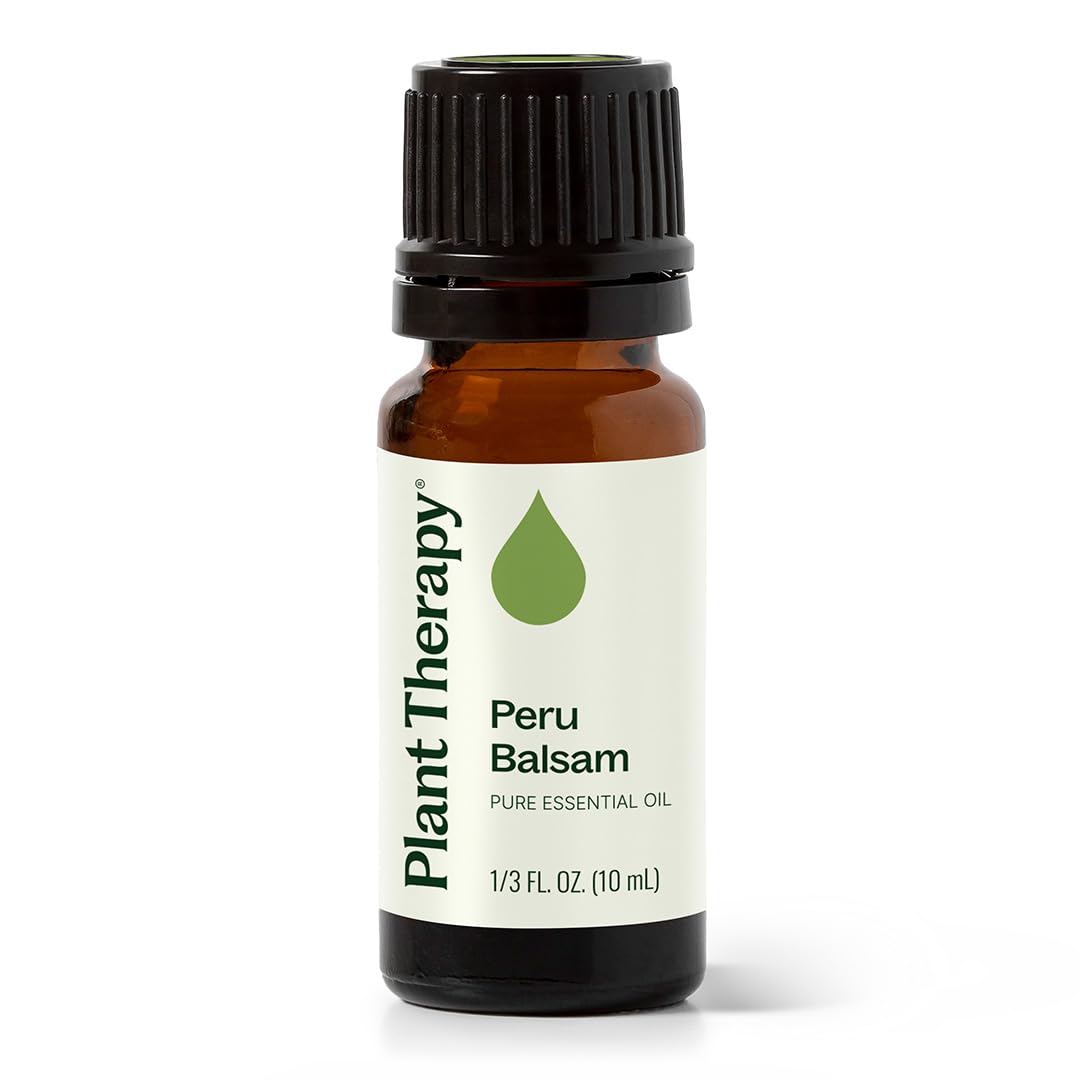 Plant Therapy Peru Balsam essential oil bottle showing purity for DIY blends.