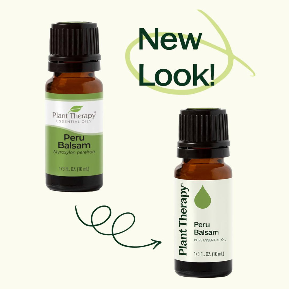 Front packaging of Plant Therapy Peru Balsam oil with brand logo visible.