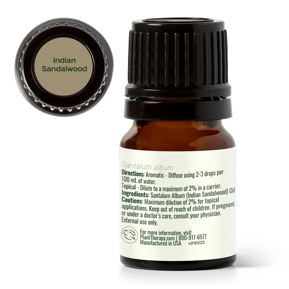 Plant Therapy Sandalwood GC-MS report graphic confirms batch testing.