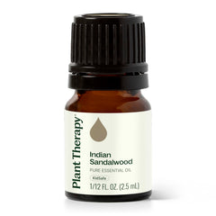 Plant Therapy Sandalwood Indian essential oil bottle emits a warm, woody aroma for calm spaces.