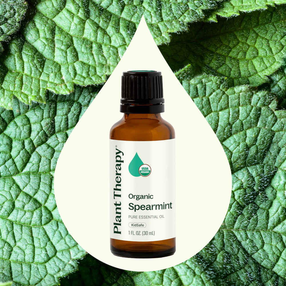 Plant Therapy Spearmint Oil bottle pour illustrates topical use and ease