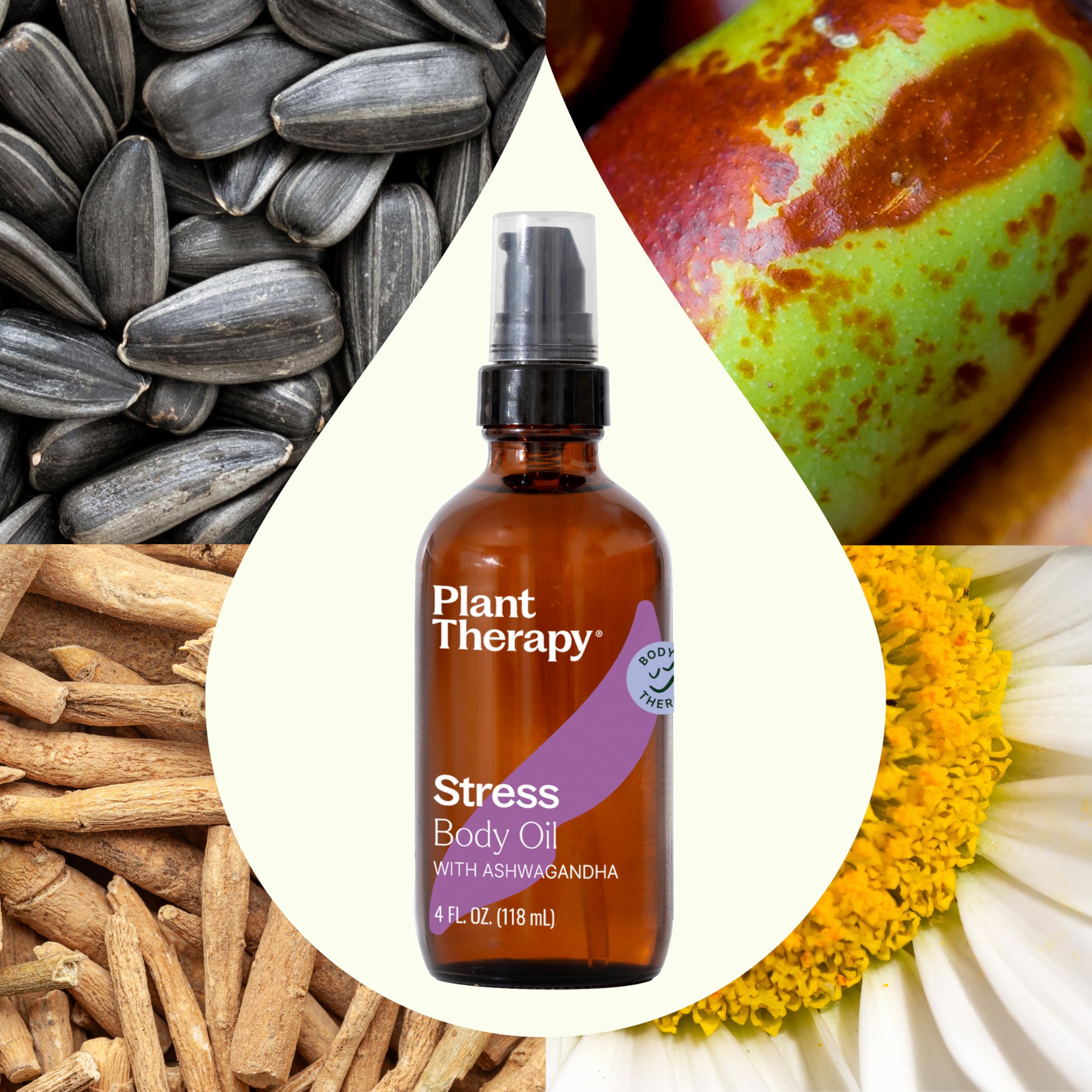 Plant Therapy Stress Body Oil label close-up highlights Ashwagandha and Frankincense