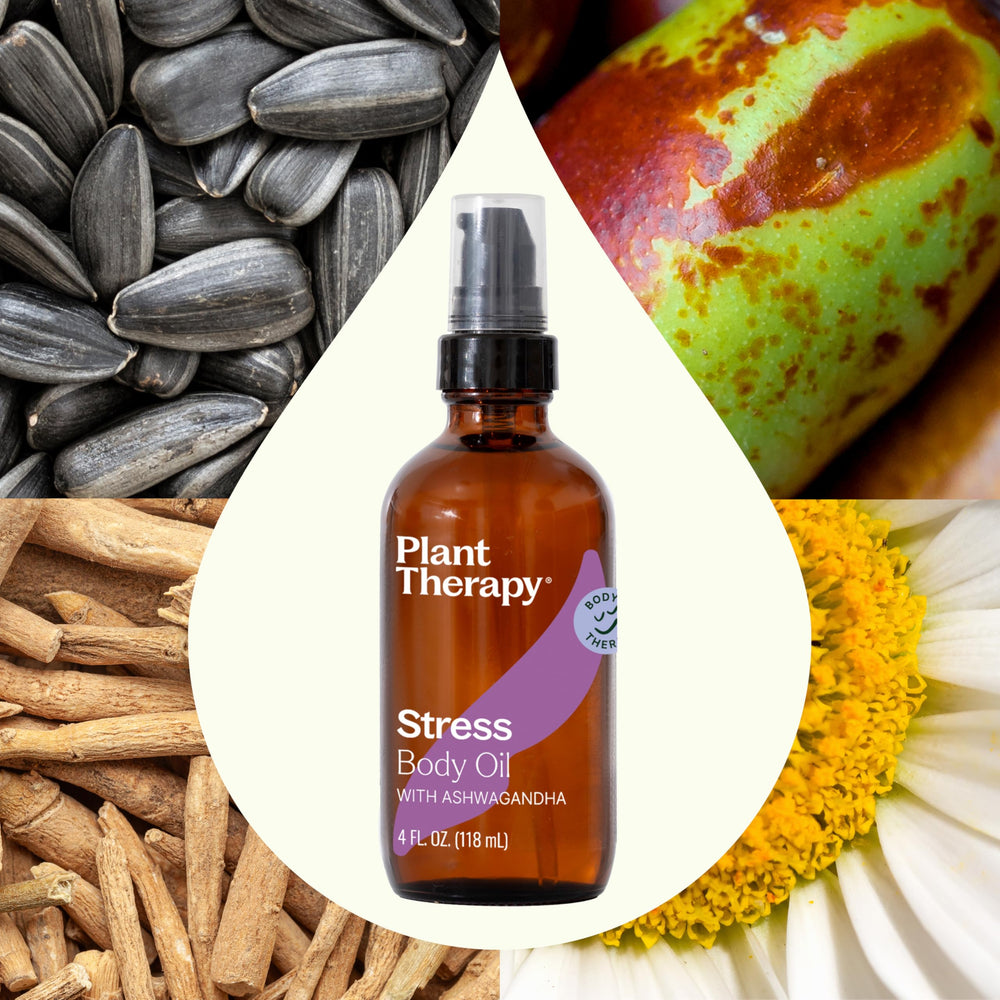 Plant Therapy Stress Body Oil label close-up highlights Ashwagandha and Frankincense
