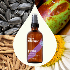 Plant Therapy Stress Body Oil label close-up highlights Ashwagandha and Frankincense