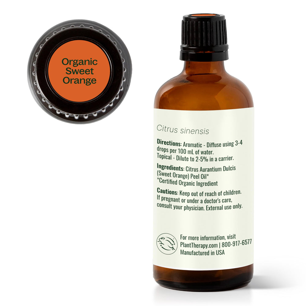 Packaging box of Plant Therapy Sweet Orange Organic oil highlighting organic certification