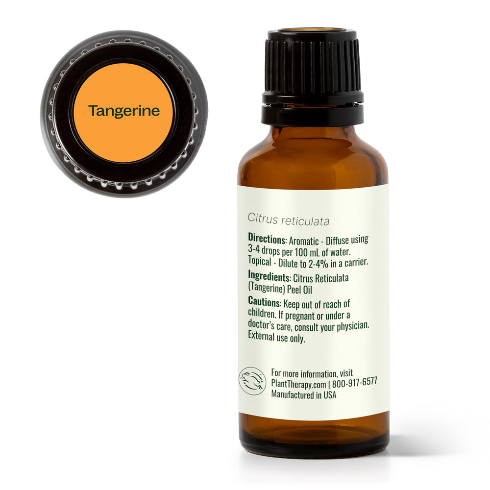 Plant Therapy Tangerine Essential Oil family use illustration shows easy diffusion and topical options