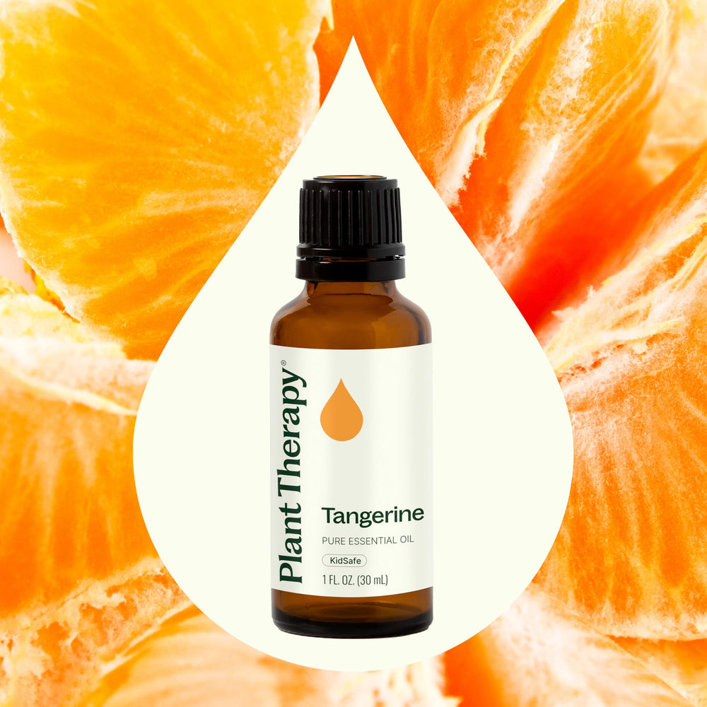 Plant Therapy Tangerine Essential Oil label closeup highlights 100% pure, therapeutic grade quality