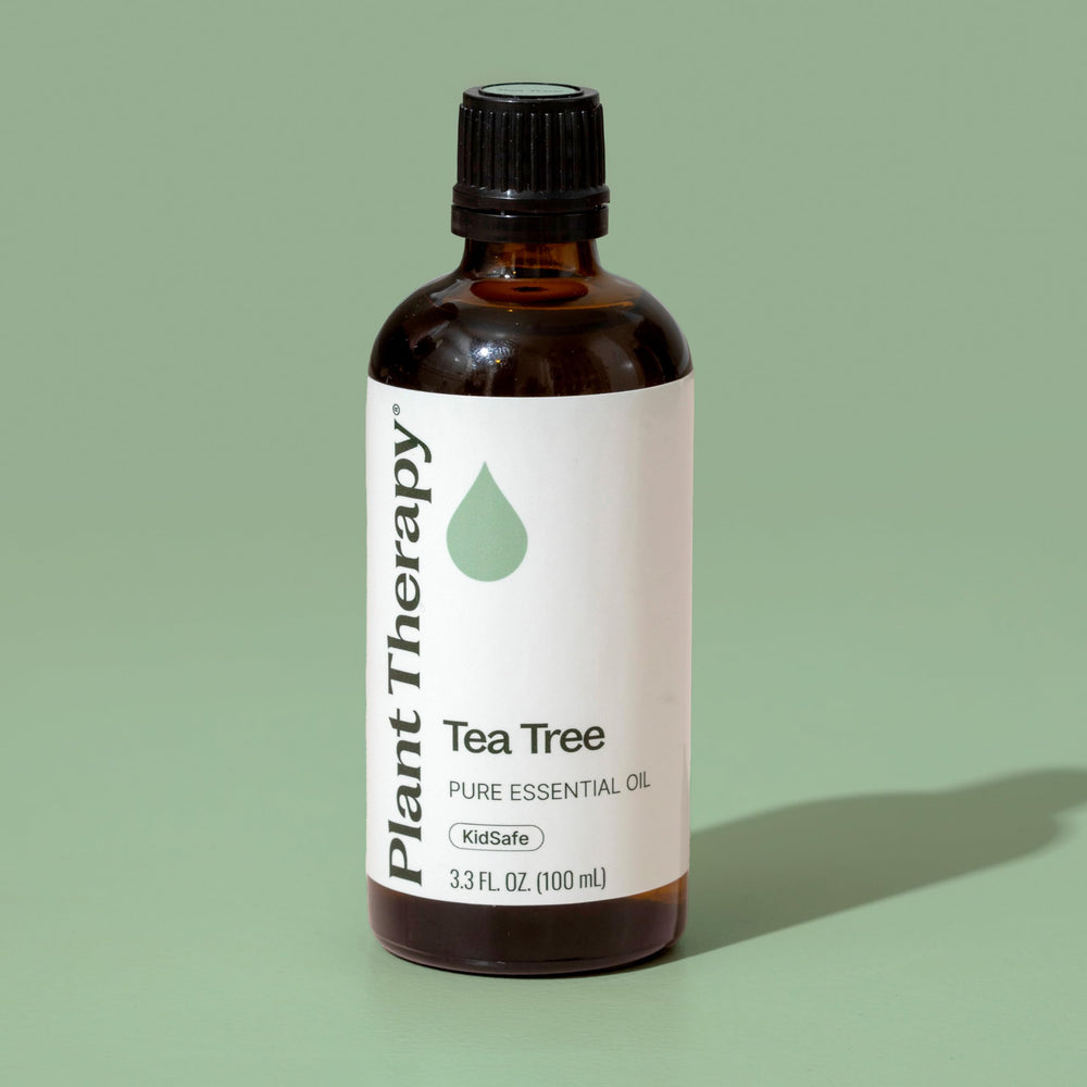 Plant Therapy Tea Tree Oil in a bathroom scene for a fresh environment.