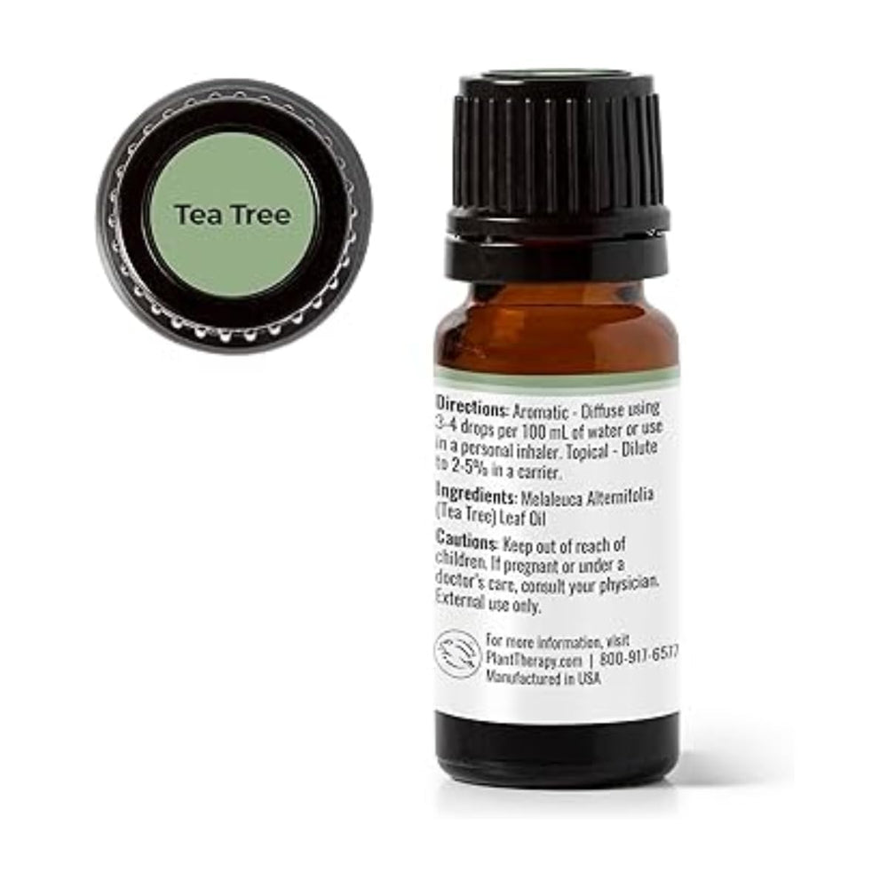 Plant Therapy Tea Tree Roll-On label highlighting batch-tested essential oil.