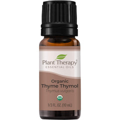 Plant Therapy Thyme Thymol oil bottle highlighting purity and aroma potential.
