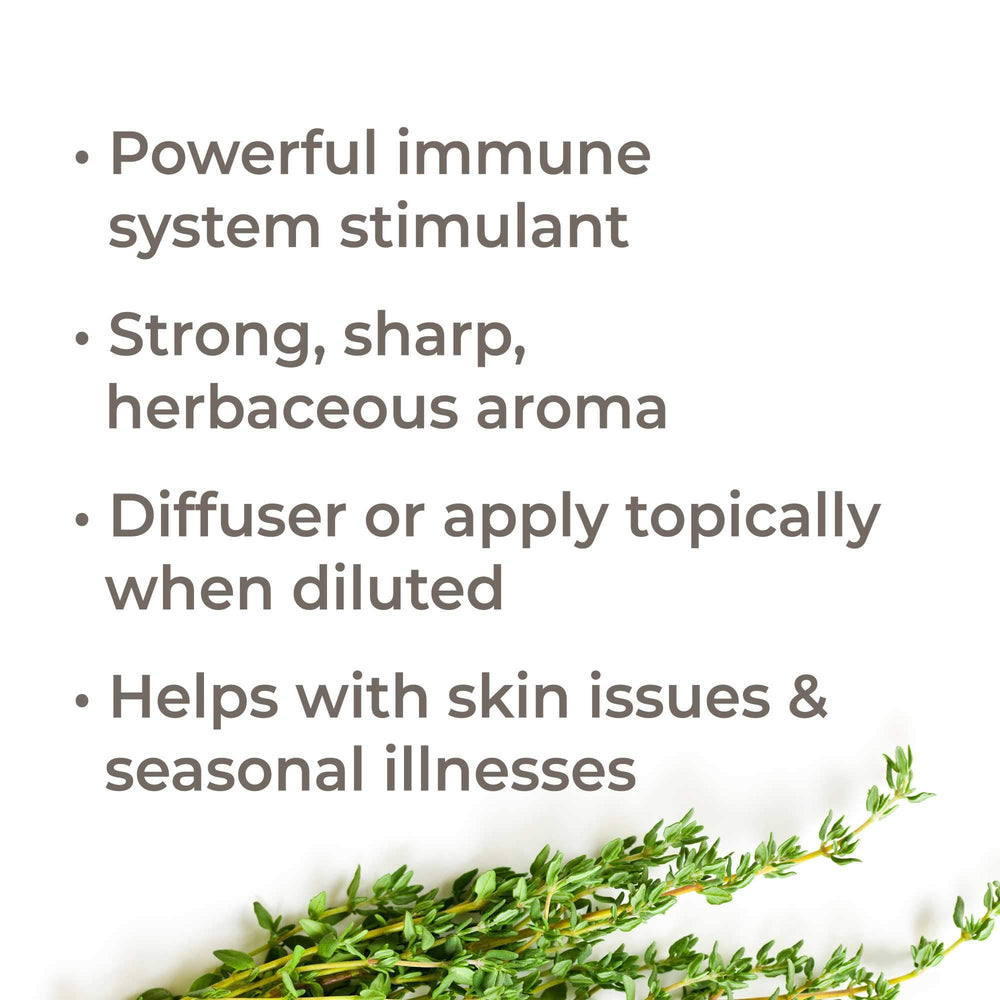Close-up of Thyme Thymol label emphasizing organic status and batch quality.