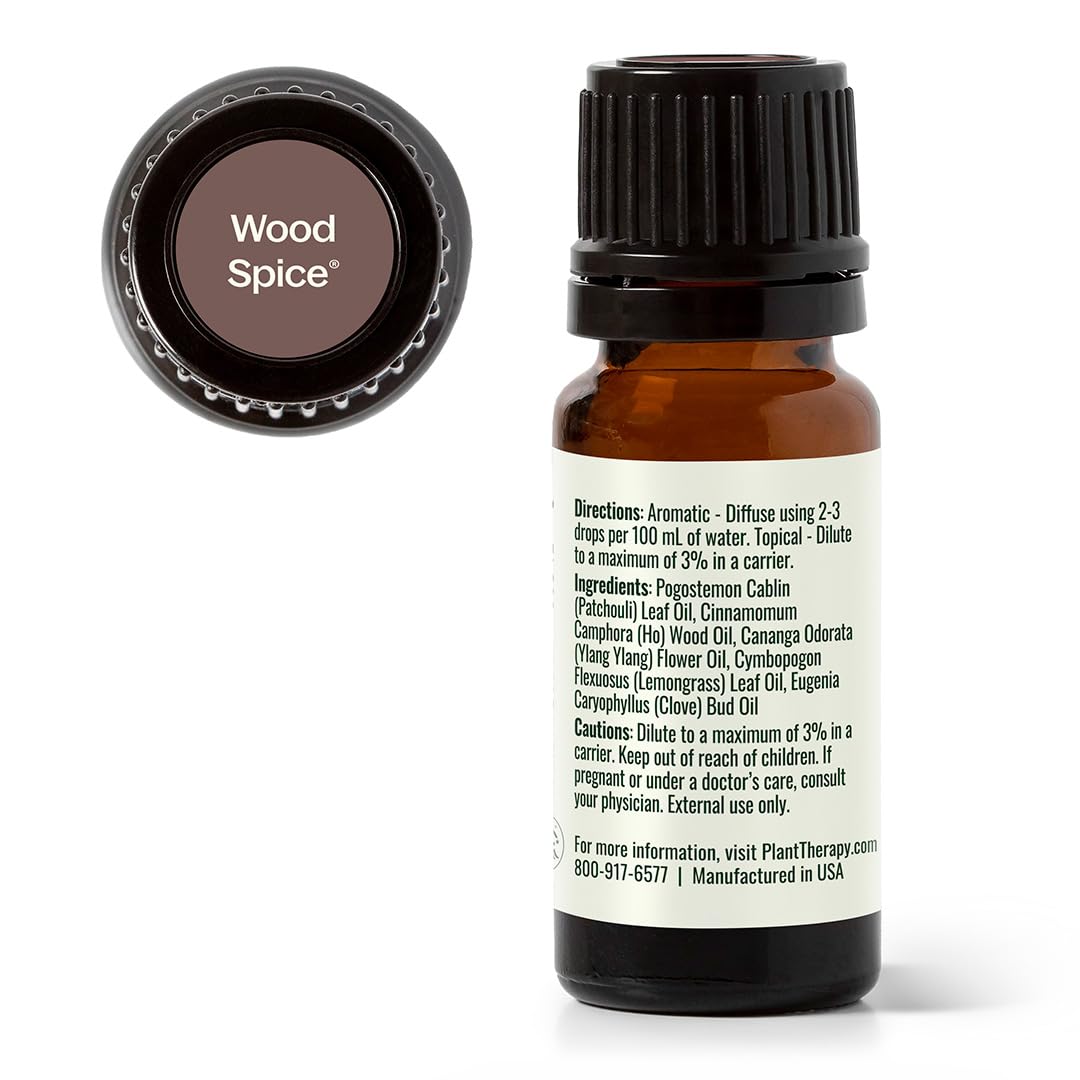 Plant Therapy Wood Spice ylang-ylang complete, balances floral depth with grounding scent.