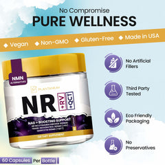 Plantanium NAD+ ingredients panel featuring nicotinamide riboside and resveratrol.