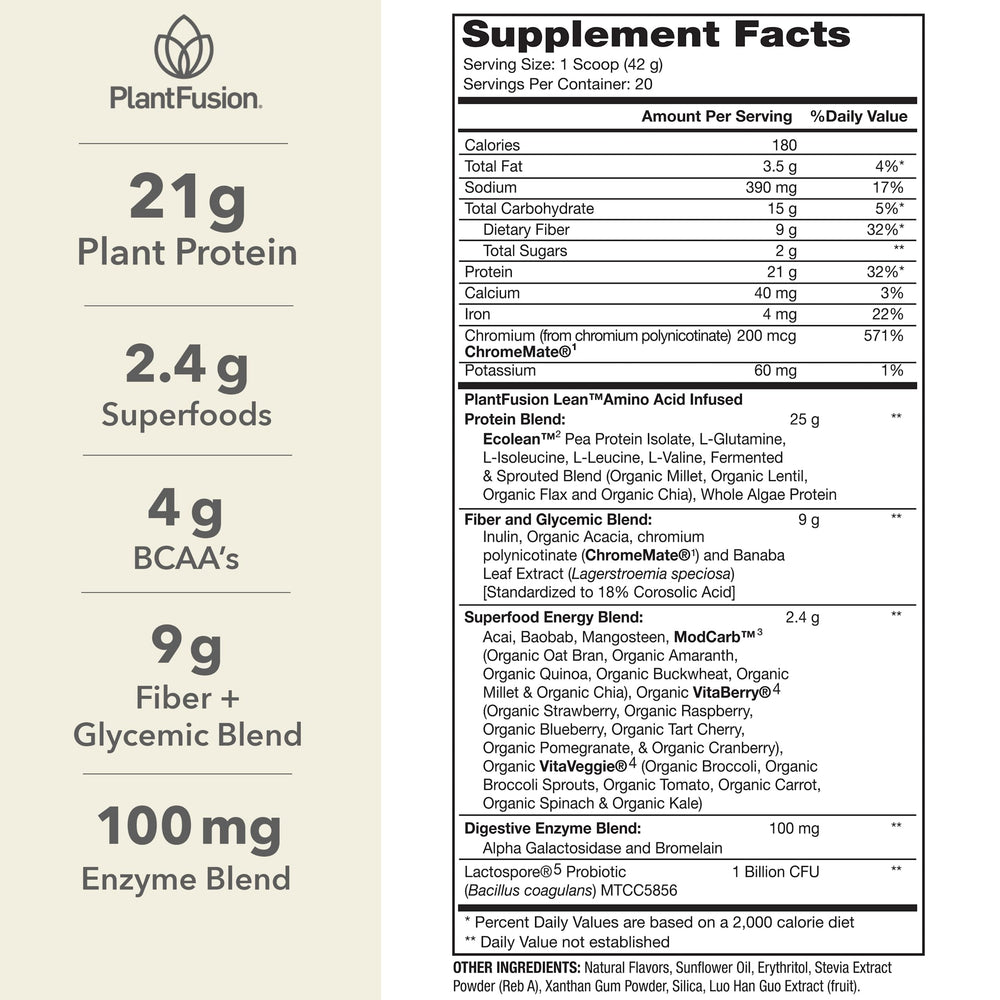 PlantFusion Complete Lean Vanilla powder scoop highlights convenient daily serving.