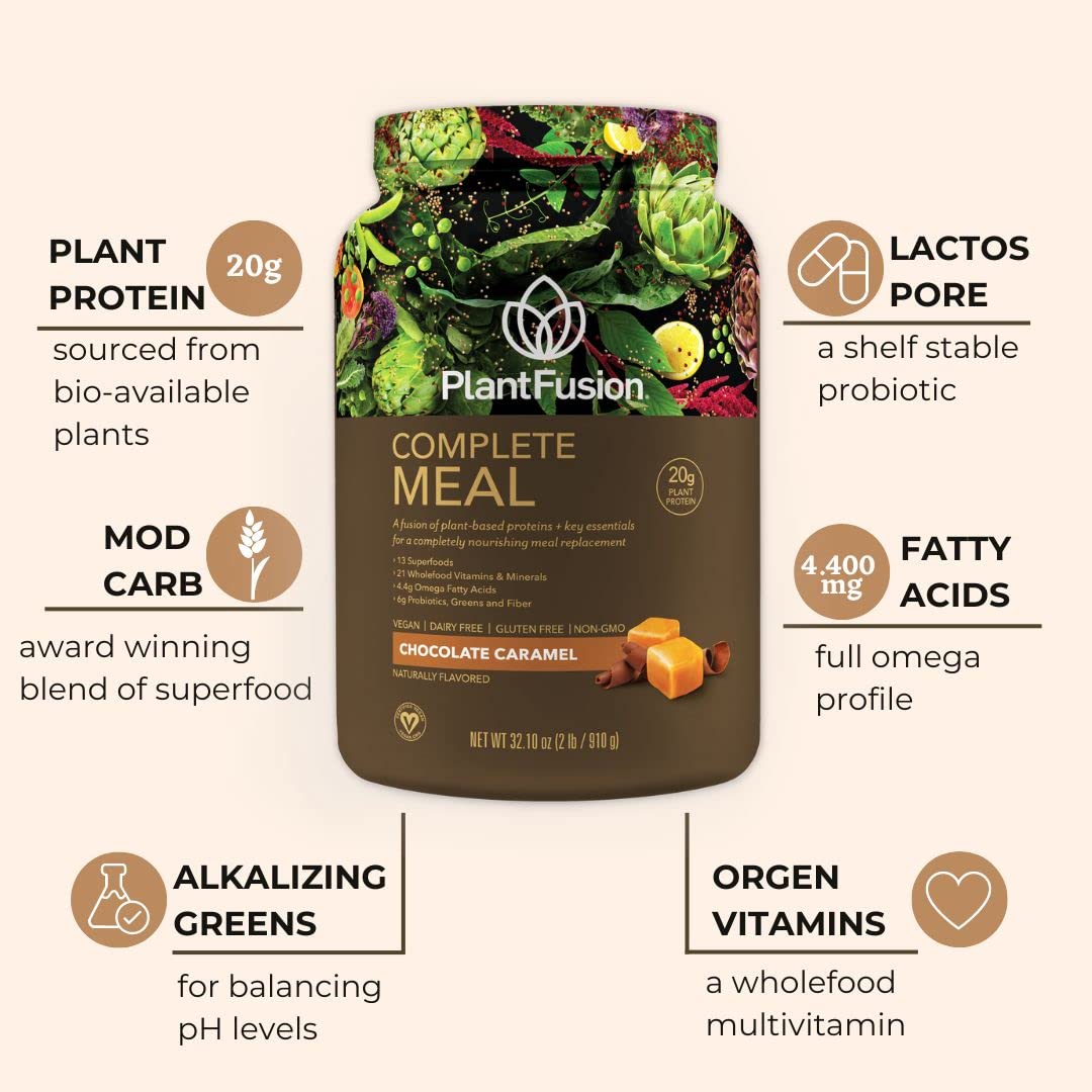 Powder scoop of PlantFusion Complete Meal chocolate caramel ready to blend.
