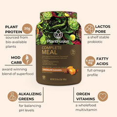Powder scoop of PlantFusion Complete Meal chocolate caramel ready to blend.