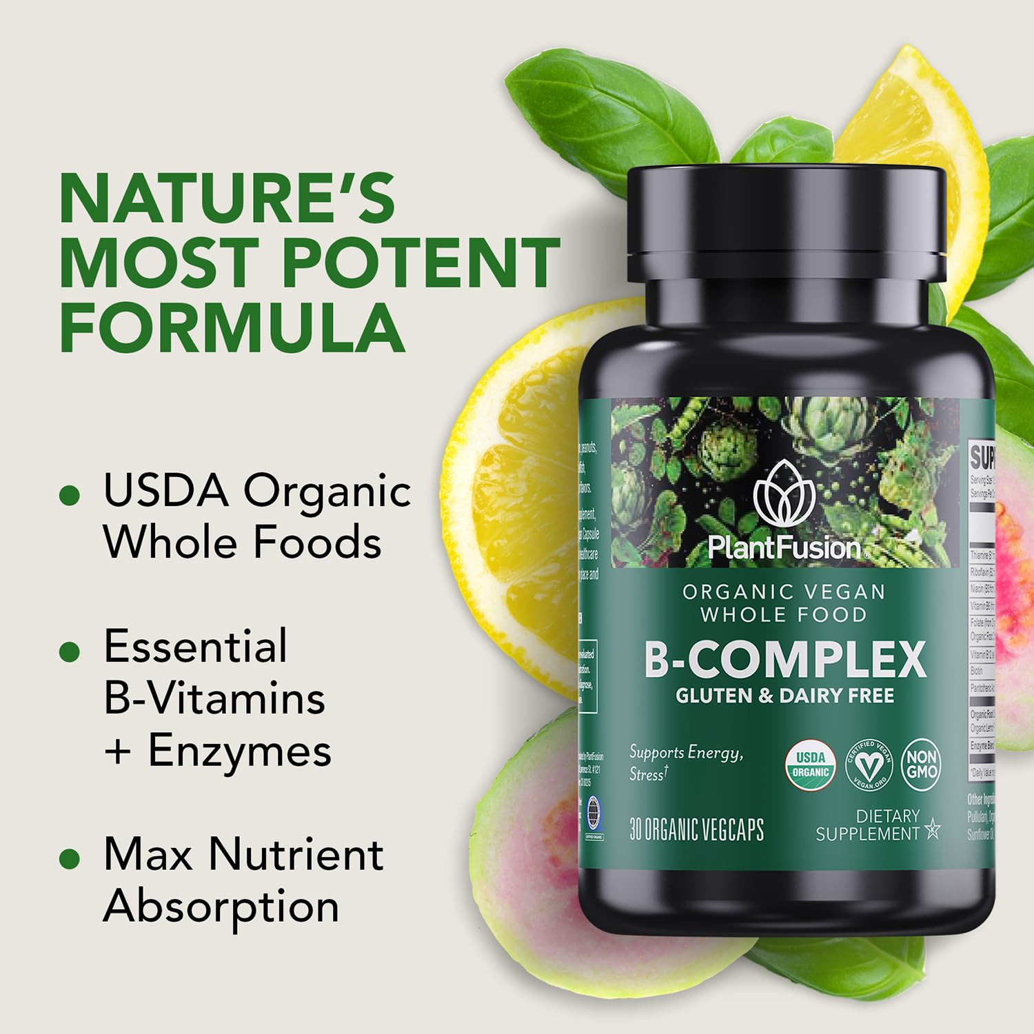 PlantFusion B-complex capsules close-up highlighting vegan, clean-label format