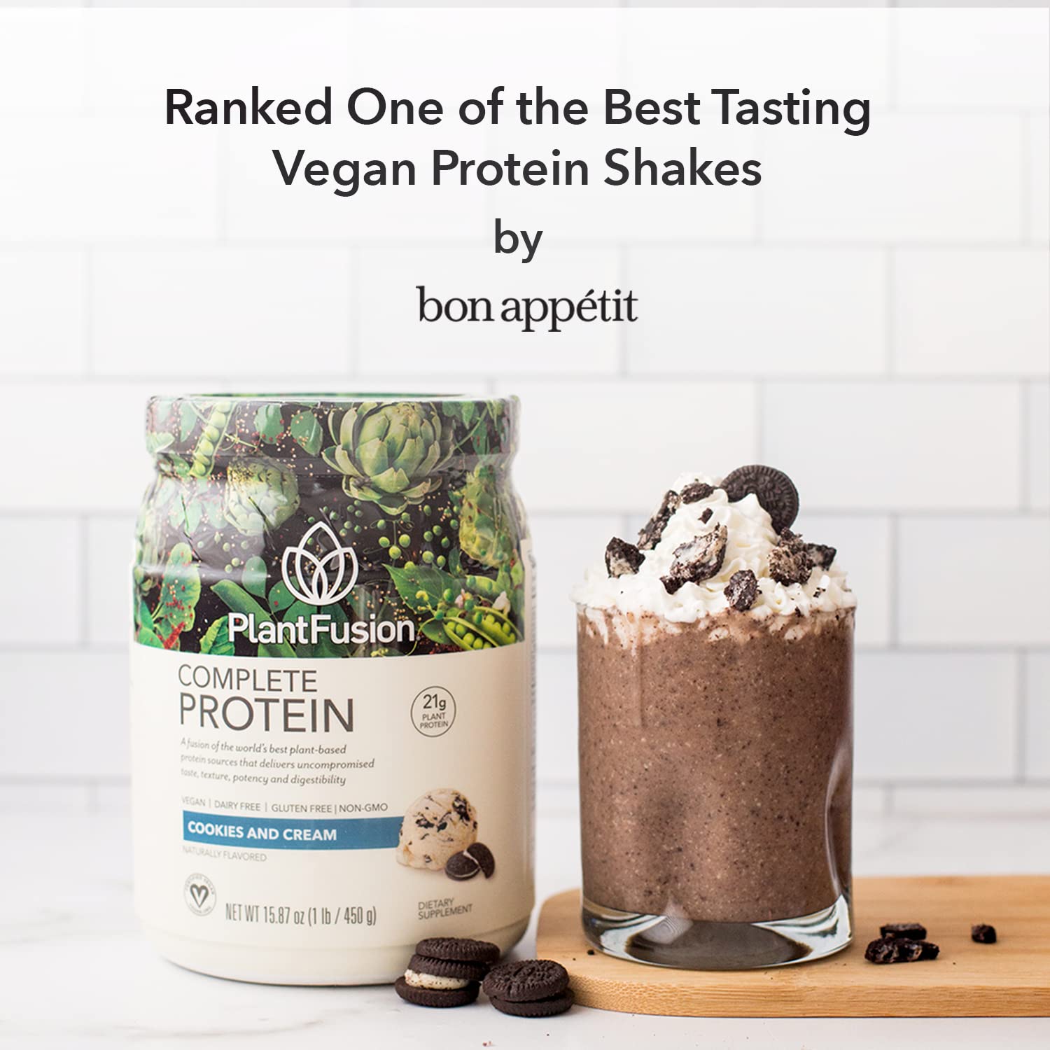 Creamy PlantFusion shake in a glass with smooth texture.