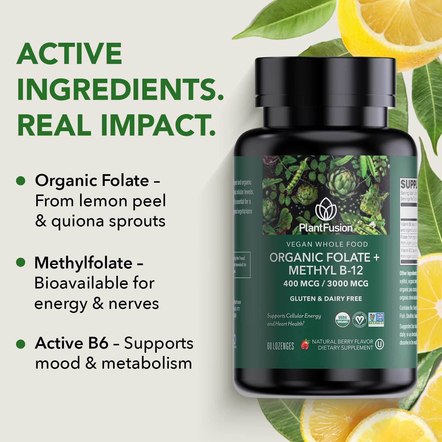 PlantFusion vegan-friendly packaging signals allergen-free, non-GMO formula.