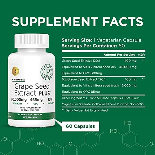 Close-up of Plantonin Grape Seed Extract Plus capsules, vegan formula for daily antioxidant support.