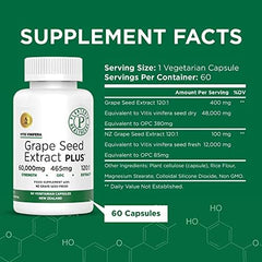 Close-up of Plantonin Grape Seed Extract Plus capsules, vegan formula for daily antioxidant support.