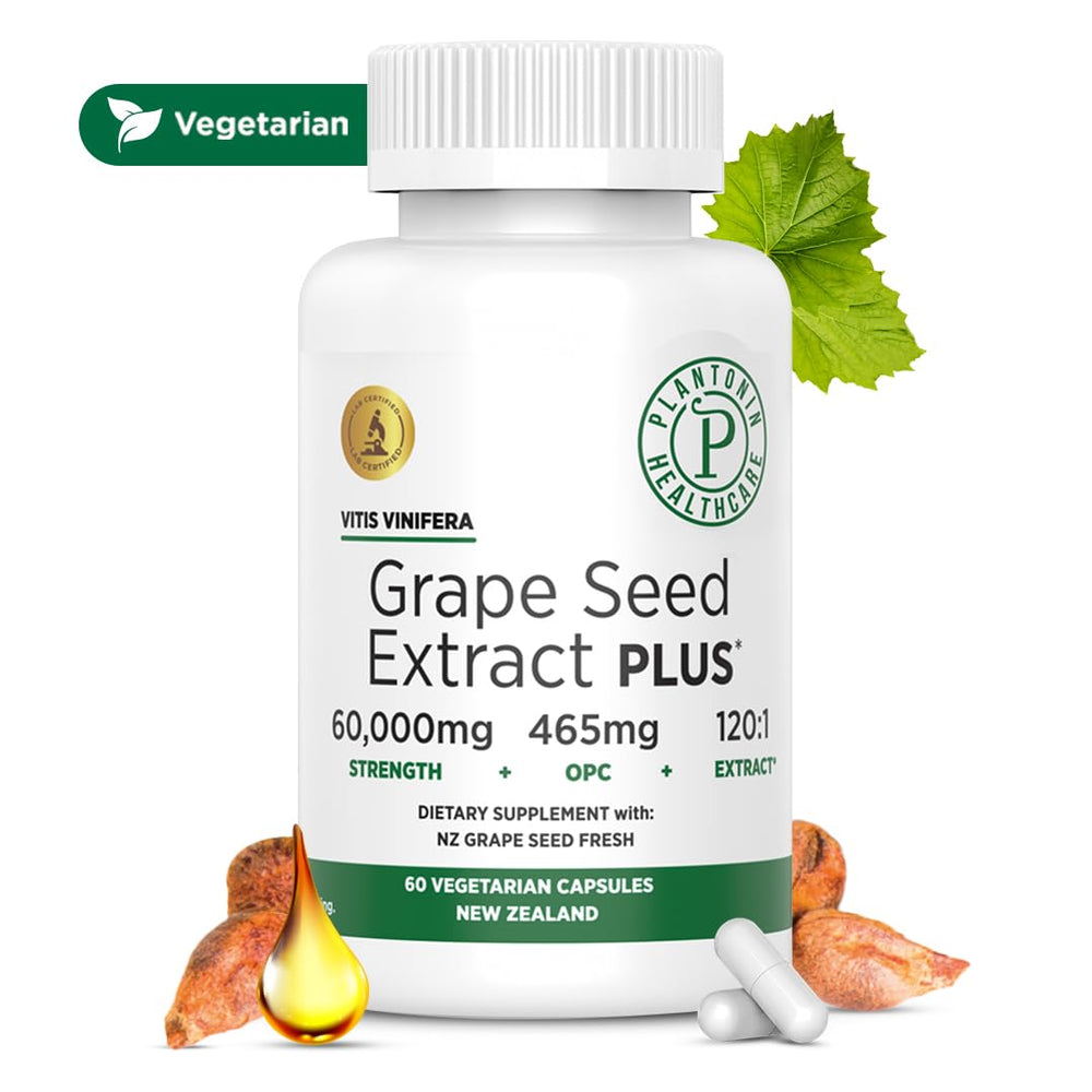 Packaging note highlighting non-GMO, all-natural Plantonin Grape Seed Extract Plus.