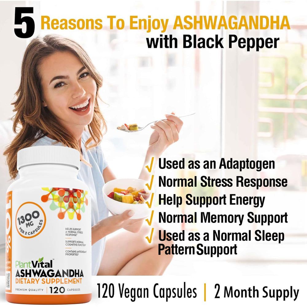 Plantvital Ashwagandha bottle back label detailing organic ingredients.