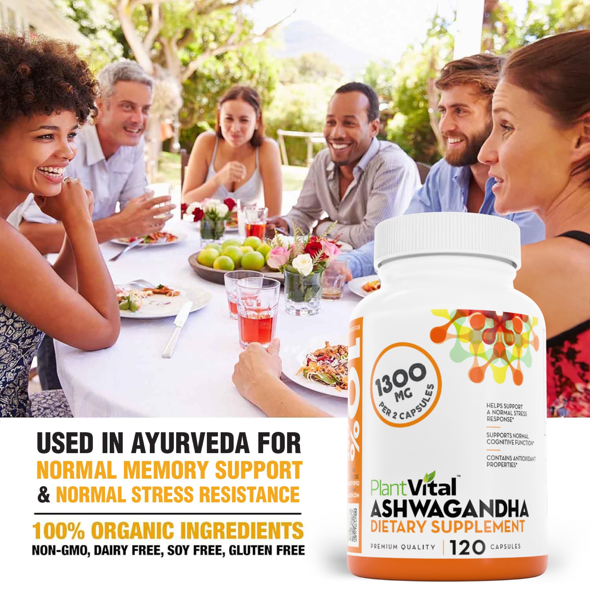 Plantvital Ashwagandha bottle with gluten-free and vegan icons.