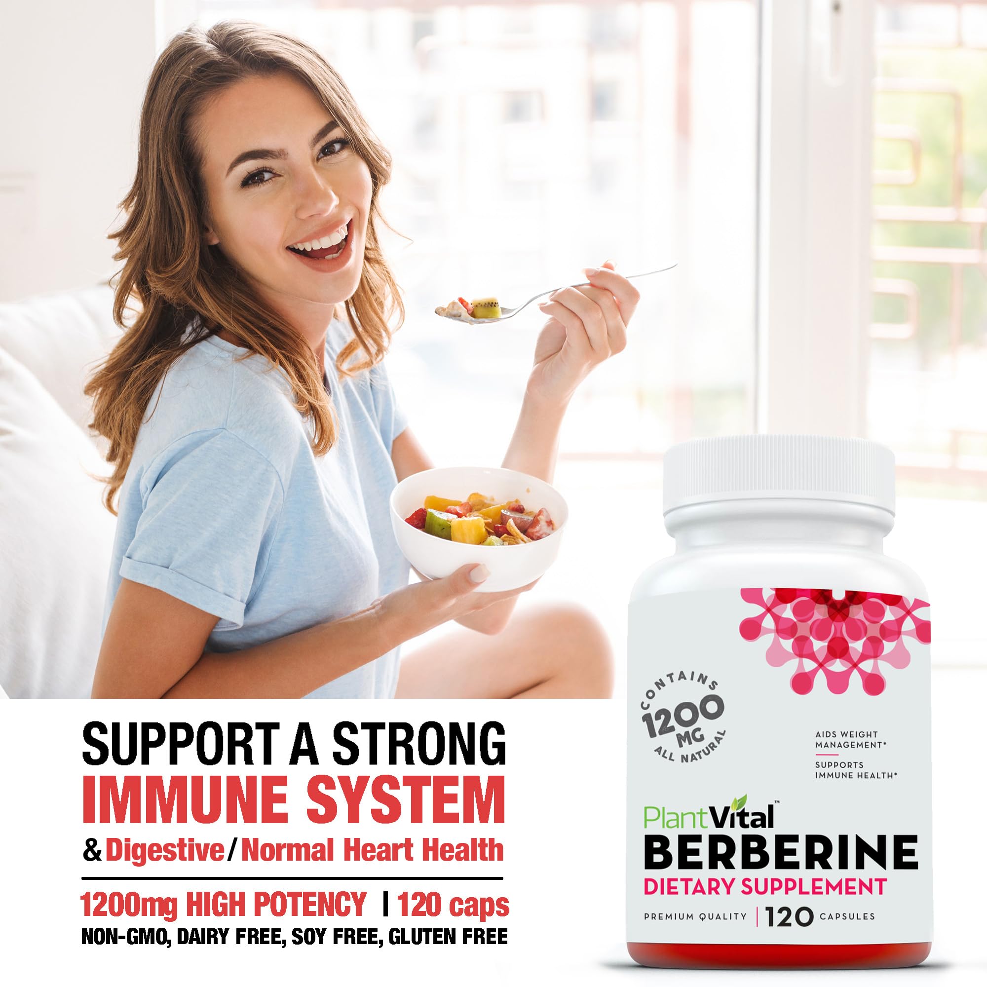 Close-up of Plantvital Berberine bottle label showing USA-made quality