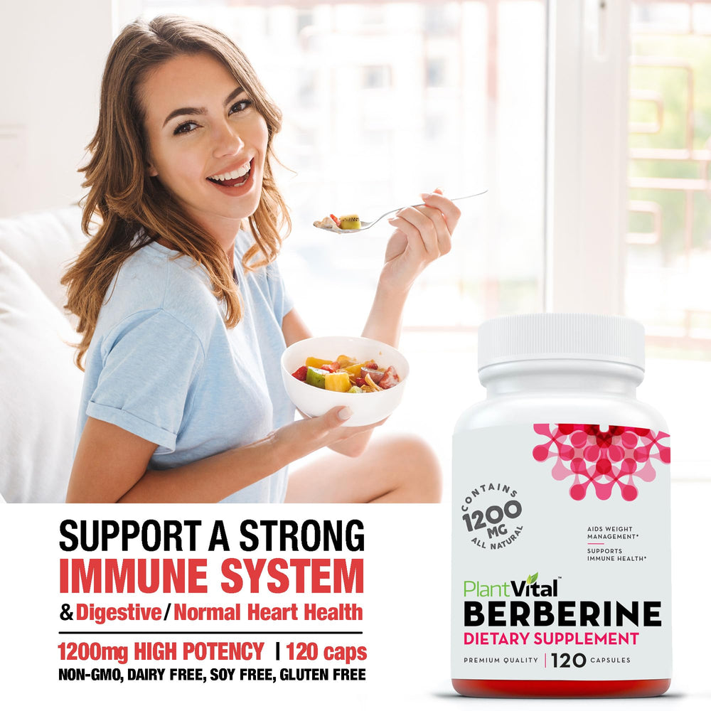 Close-up of Plantvital Berberine bottle label showing USA-made quality