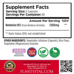 Plantvital Berberine packaging highlighting additive-free, high-potency formula