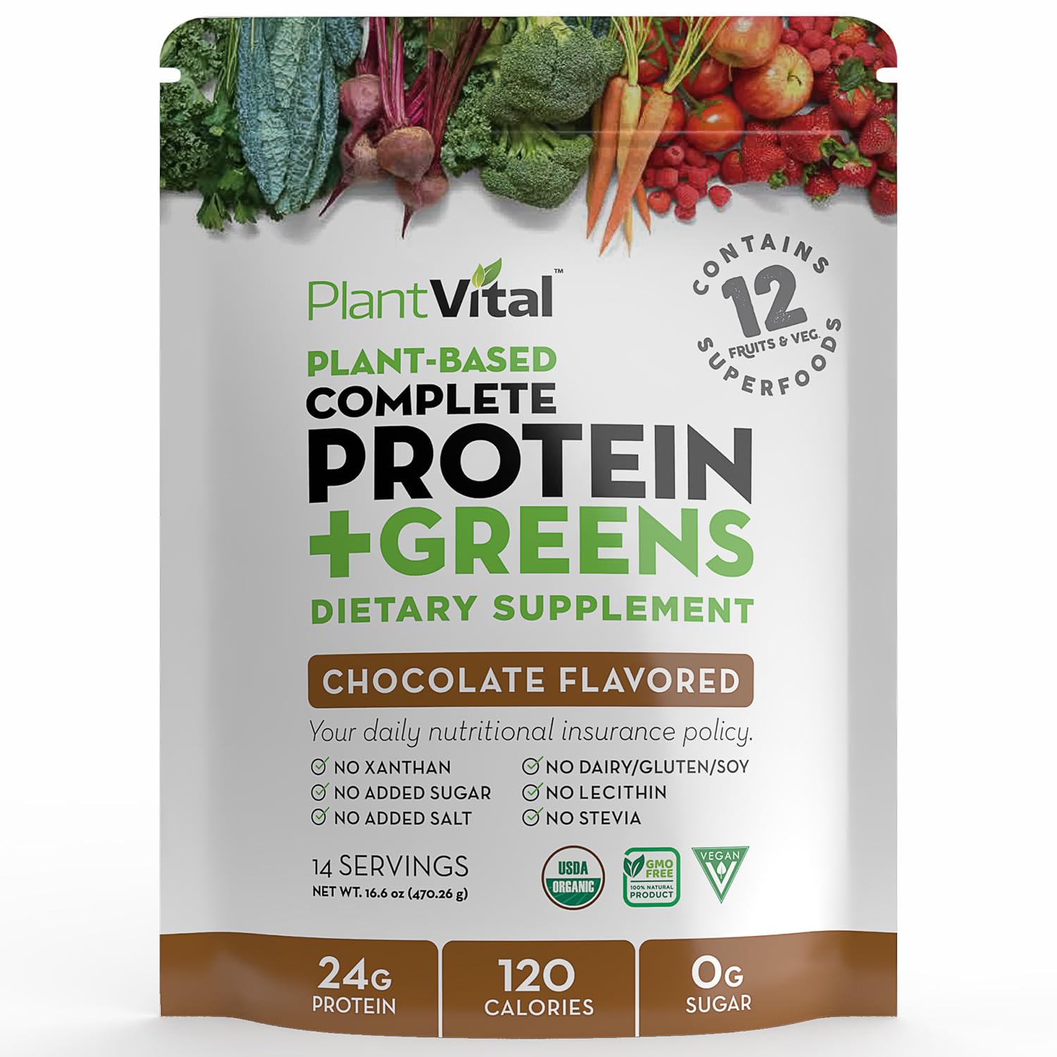 PlantVital chocolate protein powder packaging shows organic vegan nutrition.