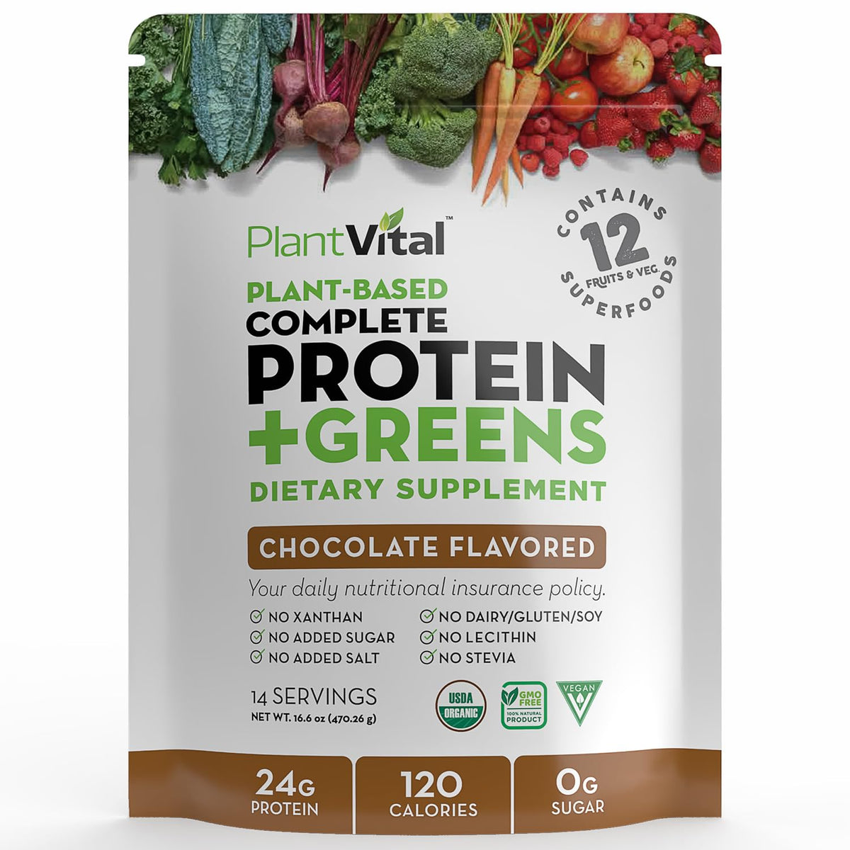PlantVital chocolate protein powder packaging shows organic vegan nutrition.