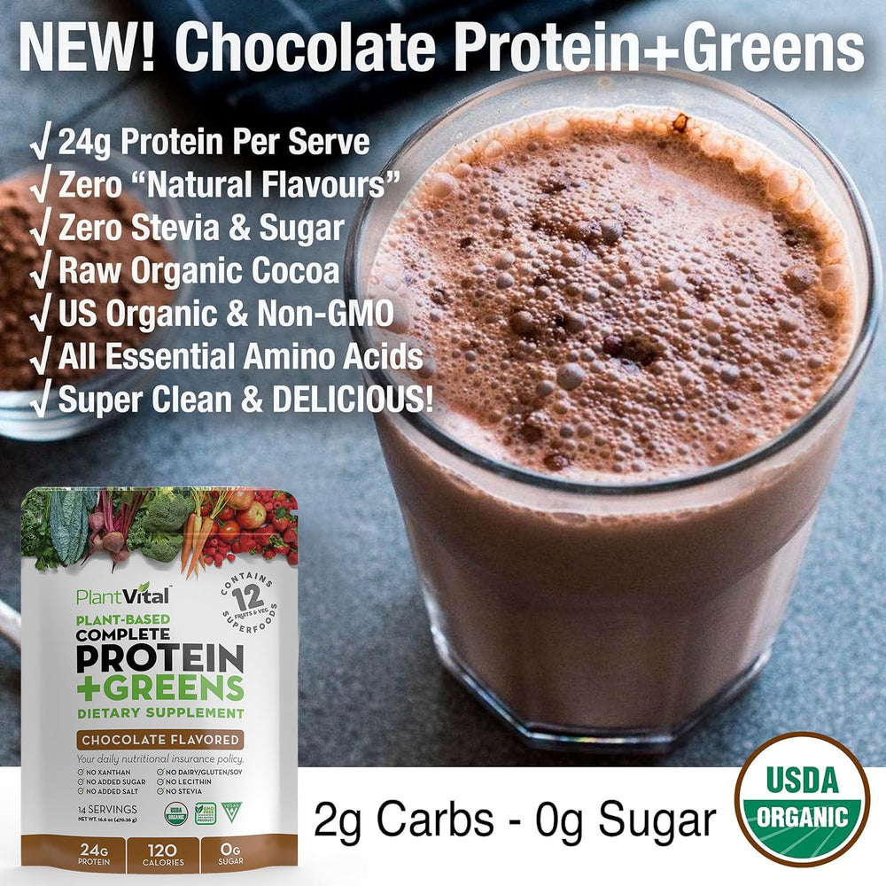 PlantVital scoop pouring chocolate powder into liquid for smooth shake.