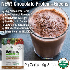 PlantVital scoop pouring chocolate powder into liquid for smooth shake.