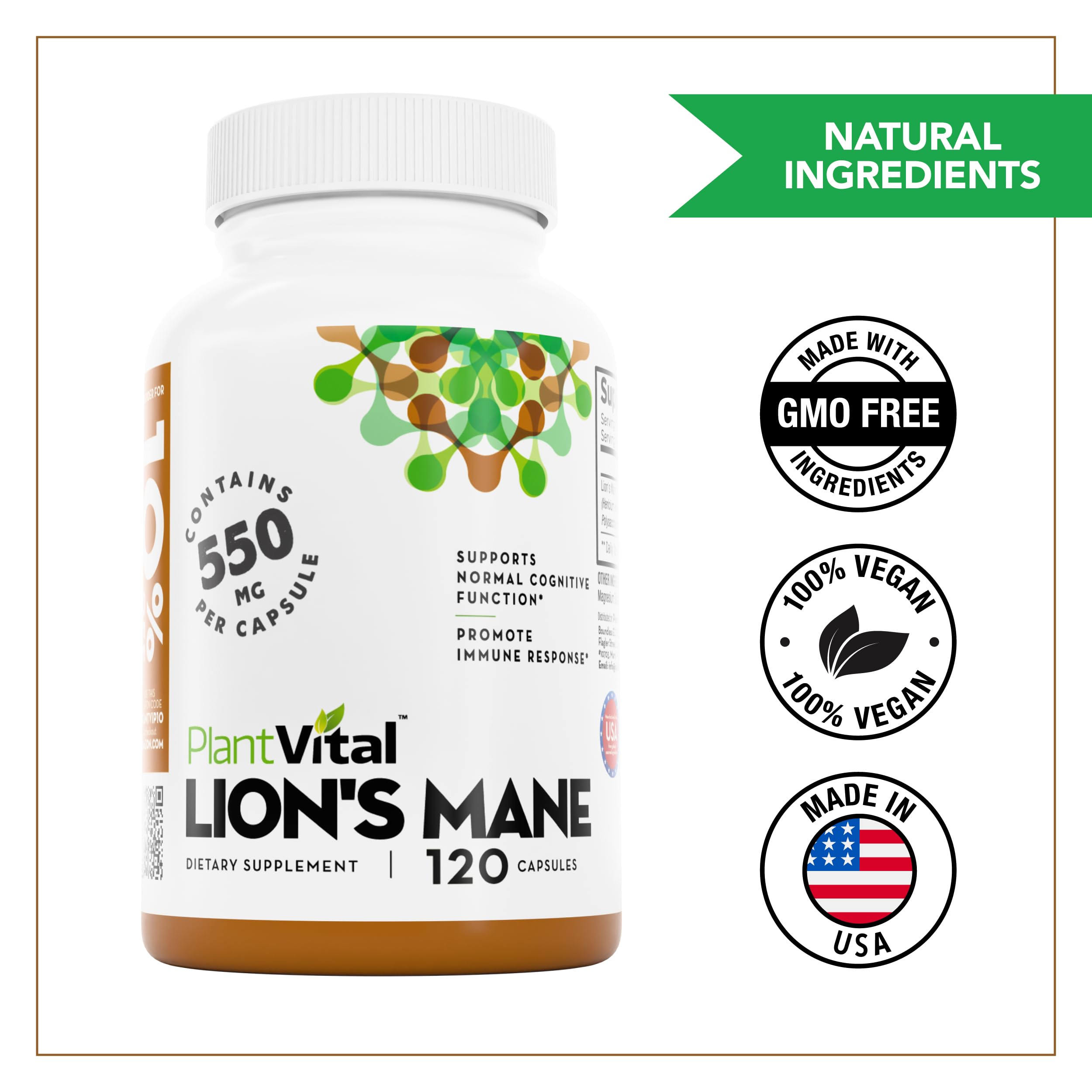 Eco-friendly icons on Plantvital Lions Mane packaging emphasize purity.
