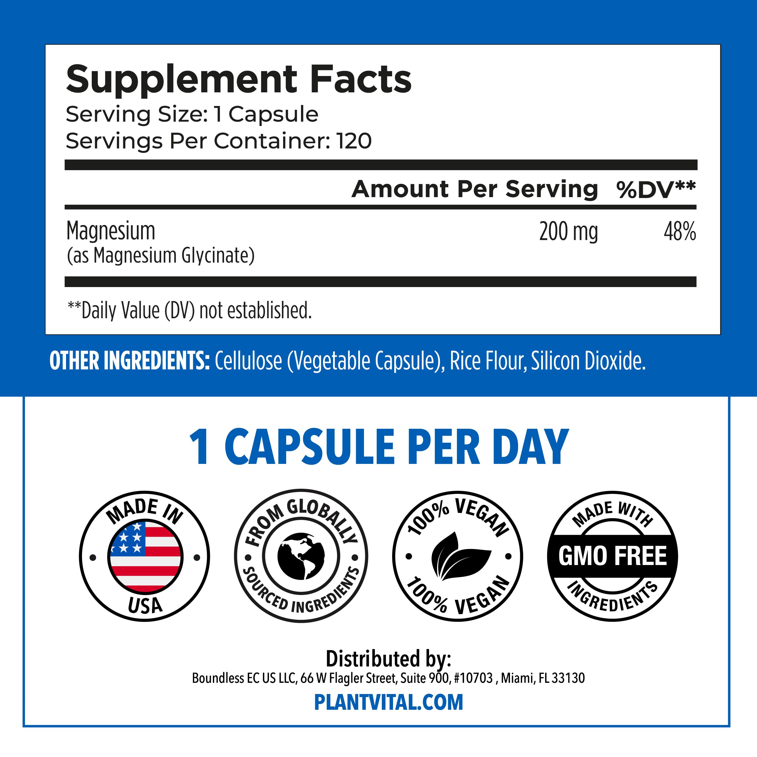 Vegan PlantVital Glycinate bottle with clean label and non GMO claim