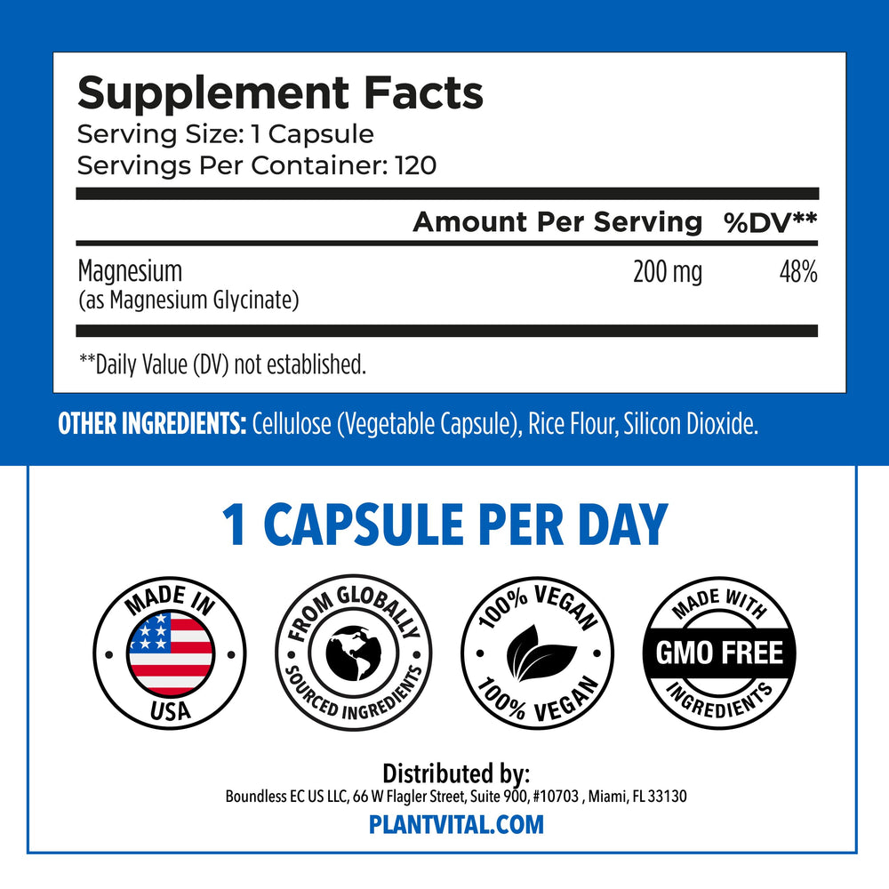 Vegan PlantVital Glycinate bottle with clean label and non GMO claim